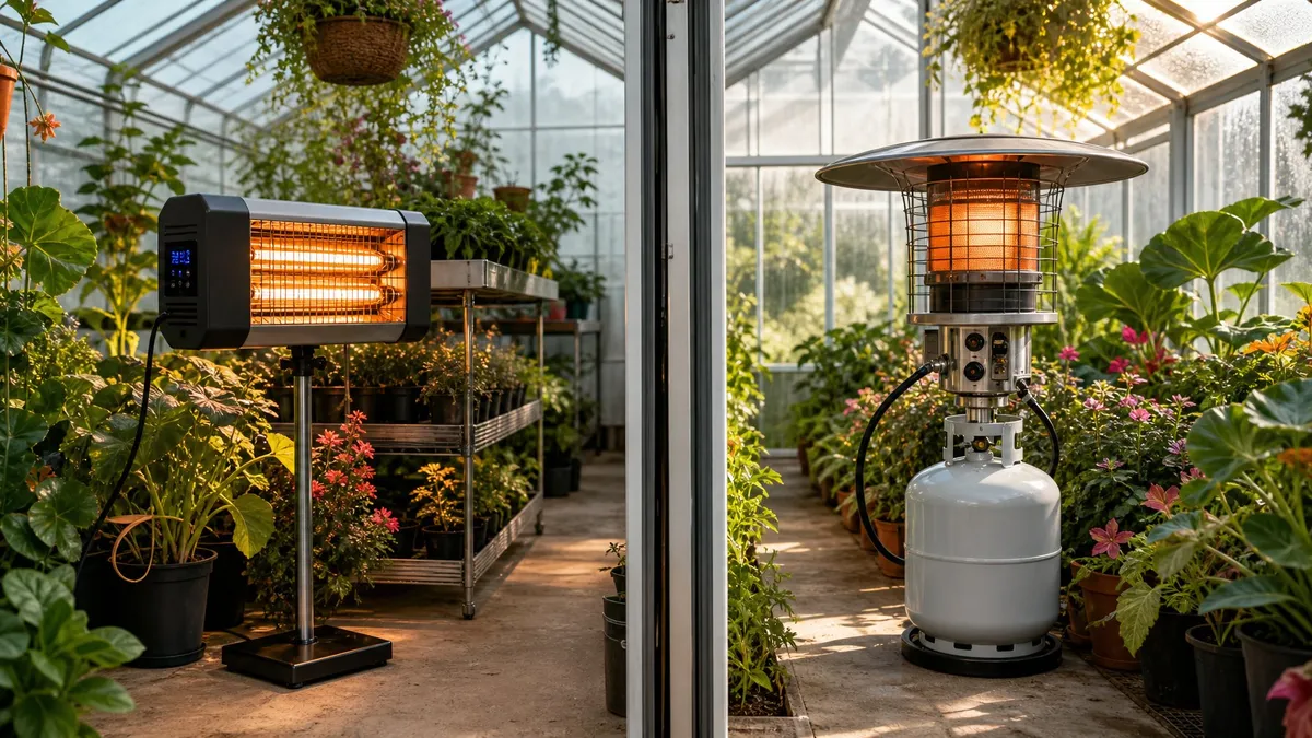 Inside a greenhouse, an electric heater and a propane heater are placed on opposite sides, each surrounded by healthy green plants.