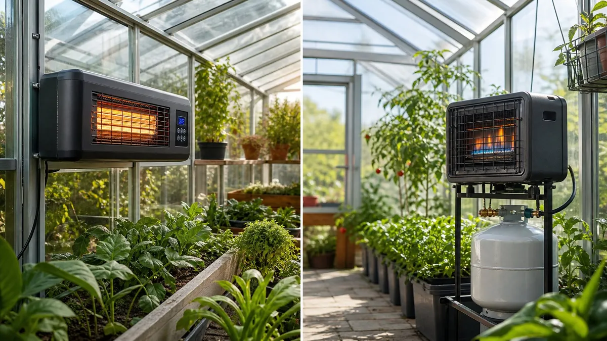 A greenhouse interior with an electric heater and a propane heater, both operating under the supervision of a gardener.