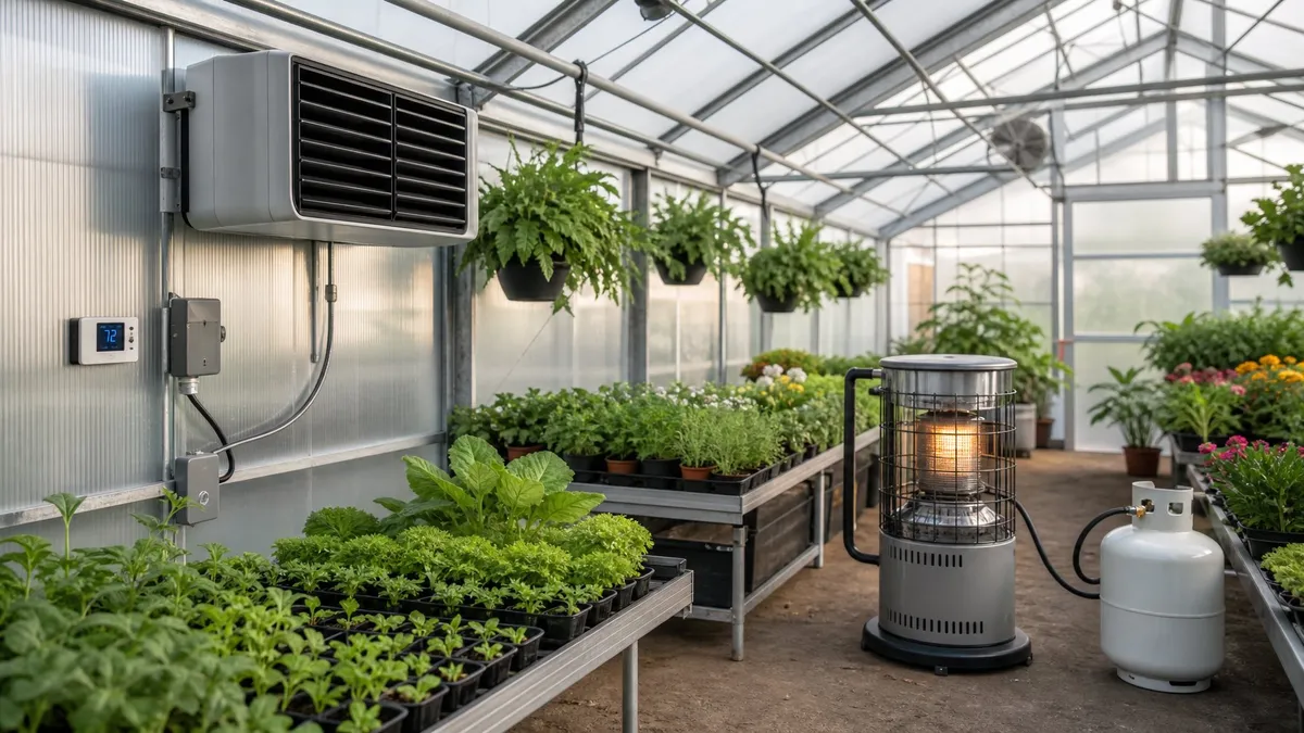 A gardener checking the safety features of a propane heater and an electric heater inside a greenhouse.