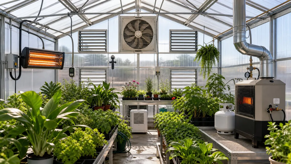 A person installing an electric heater and a propane heater in different sections of a greenhouse.