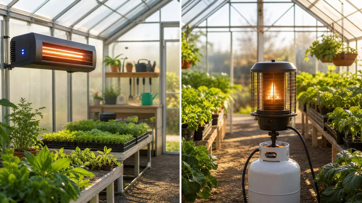 A gardener reviewing energy bills and fuel costs for electric and propane heaters in a greenhouse.