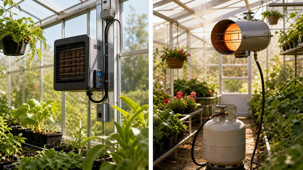A greenhouse with different plants, showing an electric heater in a small section and a propane heater in a larger area.