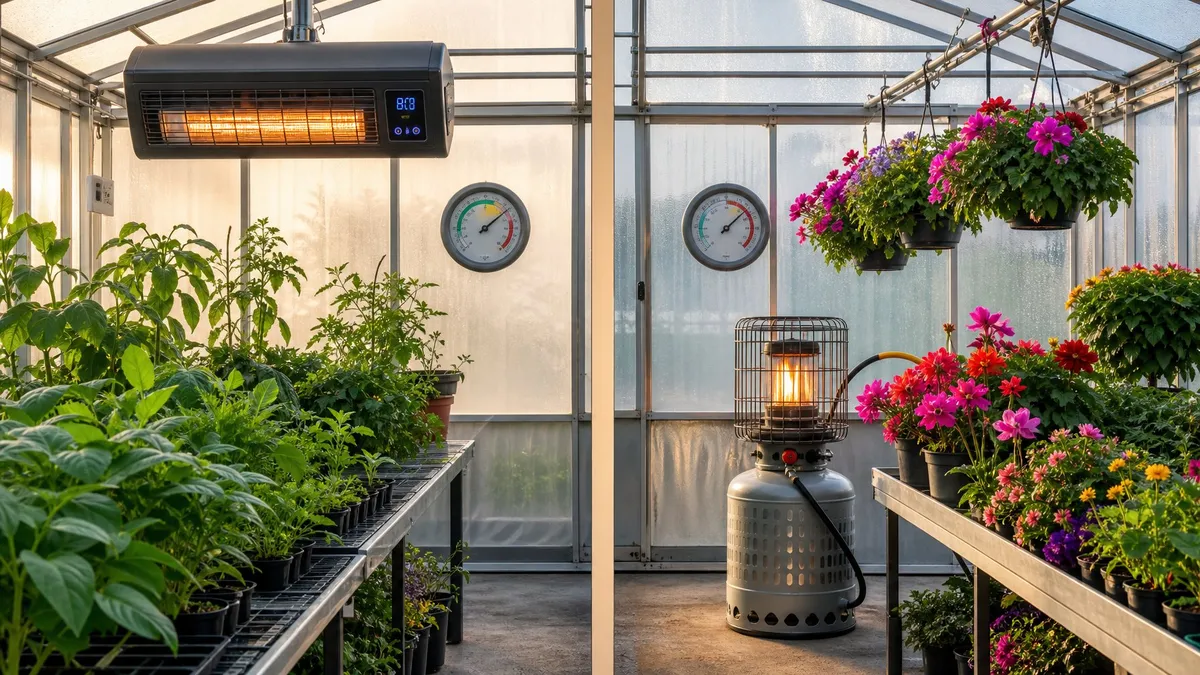 A person performing maintenance on an electric heater and a propane heater inside a greenhouse.