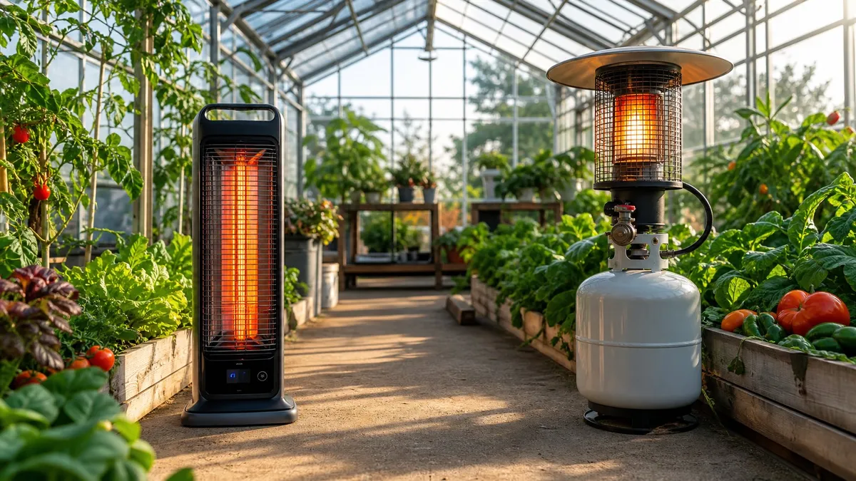 A gardener standing between an electric heater and a propane heater in a greenhouse, looking thoughtful.
