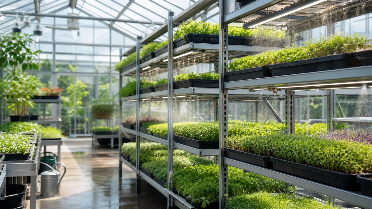 Interior of a greenhouse with rows of trays growing green microgreens on metal shelves under natural sunlight.