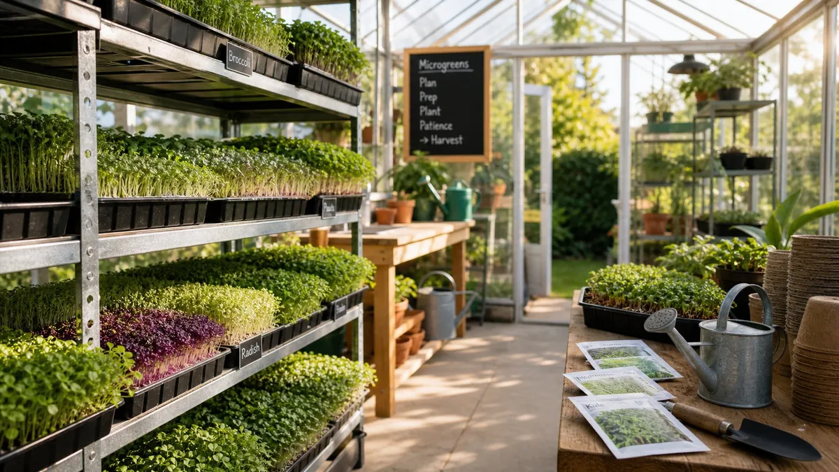 A sunlit greenhouse filled with tiered racks of microgreen trays, showcasing the efficient use of space.