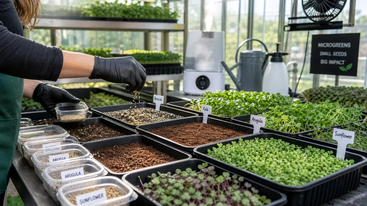 Rows of high-quality plastic microgreen trays filled with soil and young sprouts inside a greenhouse.