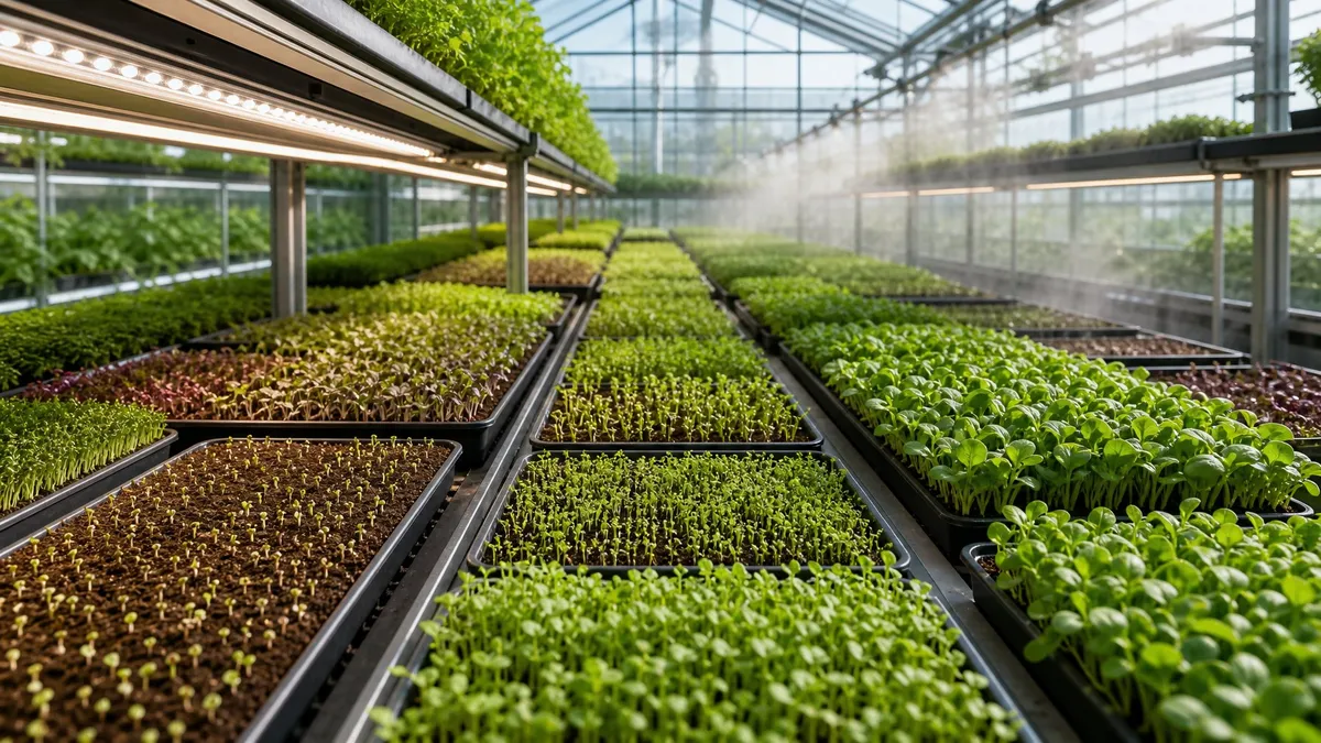 A close-up of different types of microgreen seeds and various organic growing media like coconut coir and soil.