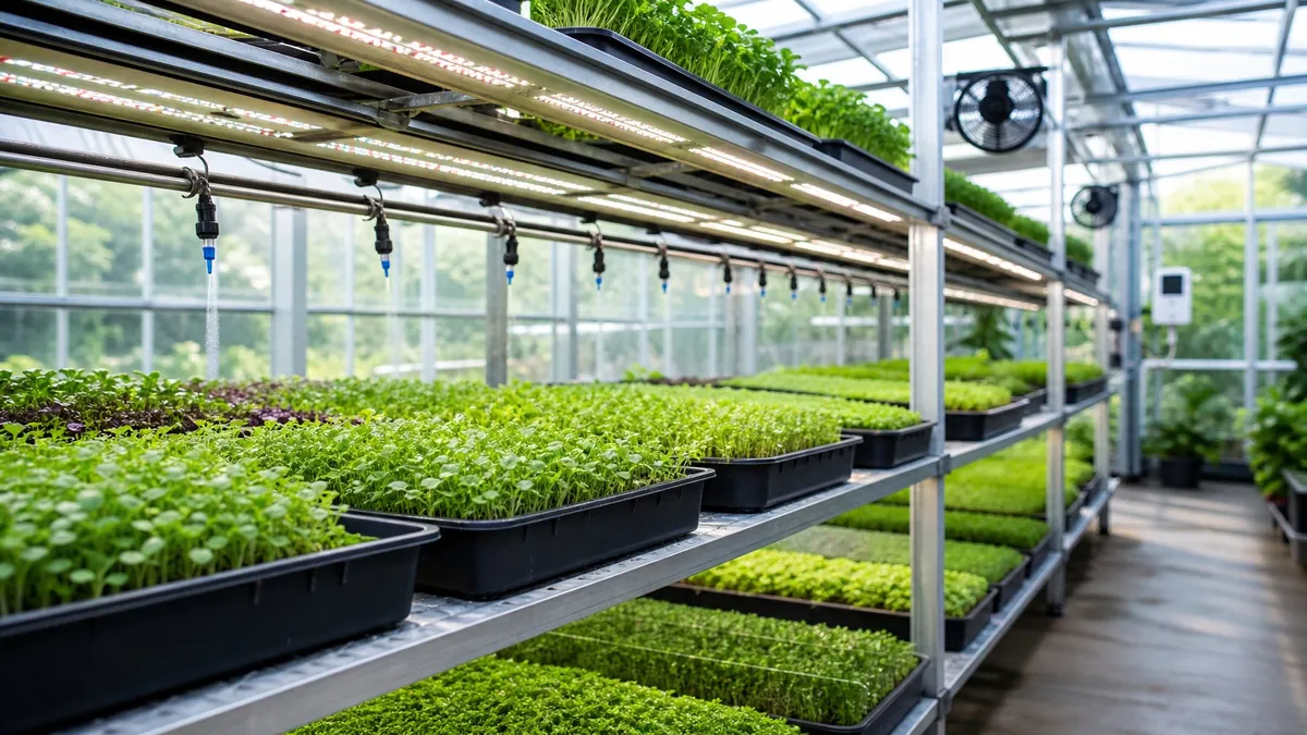A person carefully sowing seeds onto a tray of soil inside a bright greenhouse.