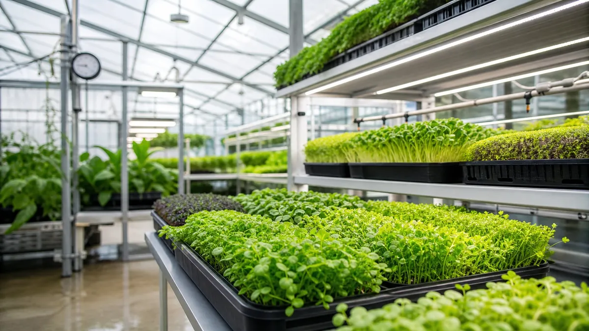 A gardener harvesting microgreens with a sharp knife and placing them into a clean container.