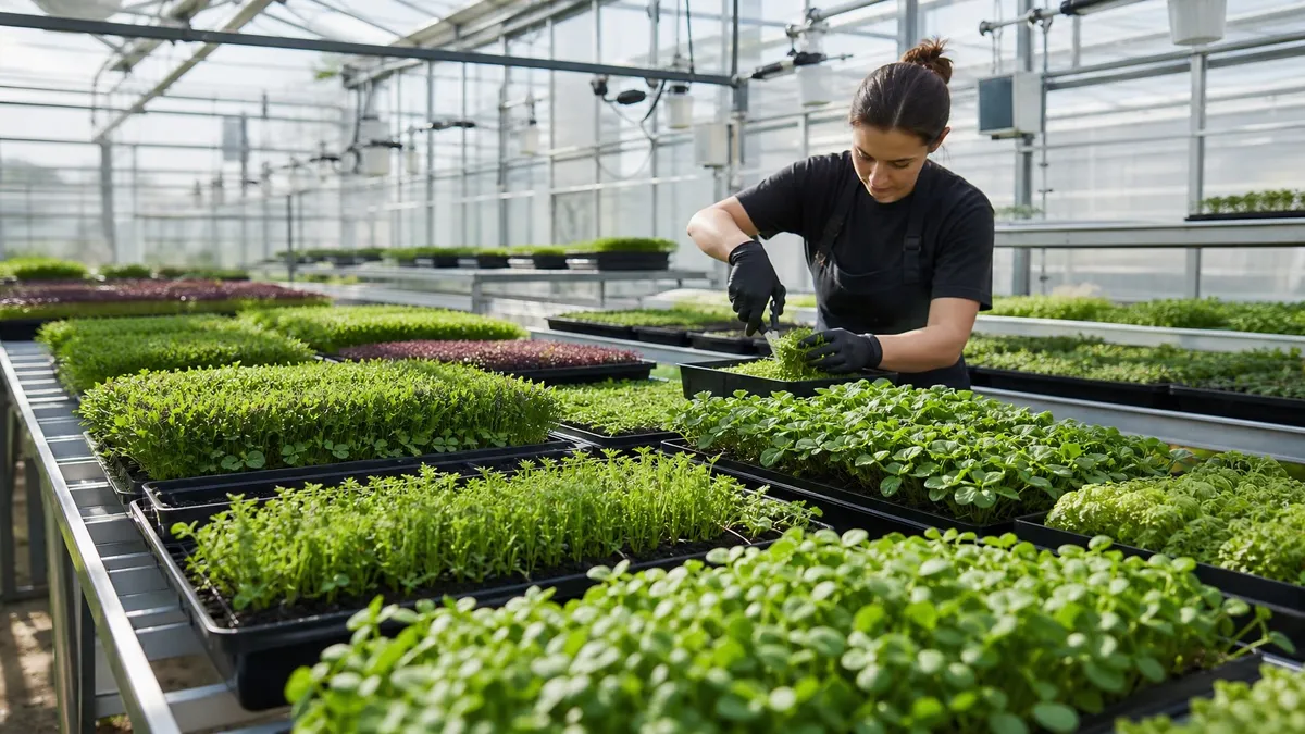 A person inspecting microgreen trays for signs of mold or uneven growth inside a greenhouse.