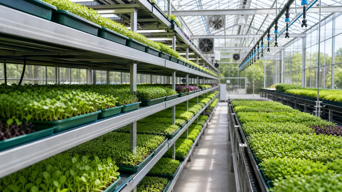 Trays of vibrant green microgreens growing on shelves in a sunlit greenhouse.