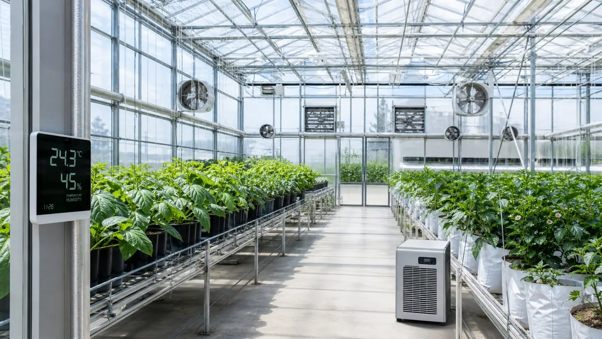 Interior of a clean greenhouse with healthy green plants and ventilation equipment to prevent mold.