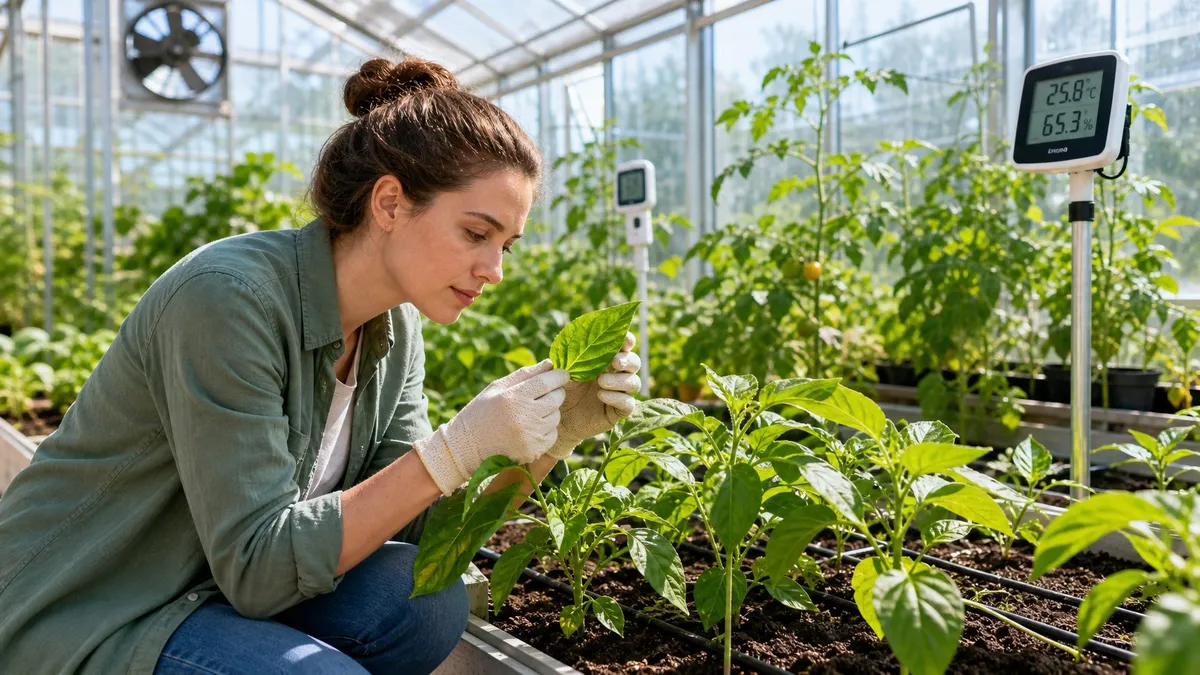 A gardener checking a digital hygrometer to monitor humidity levels inside a greenhouse.