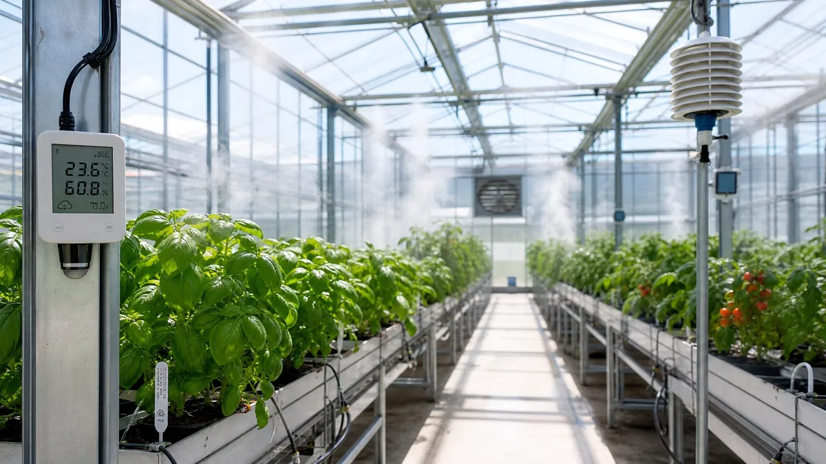 Large exhaust fans and open vents providing airflow inside a bright greenhouse.