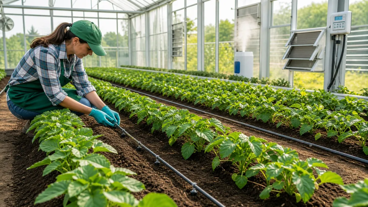 A person cleaning greenhouse benches and tools with a safe disinfectant solution.
