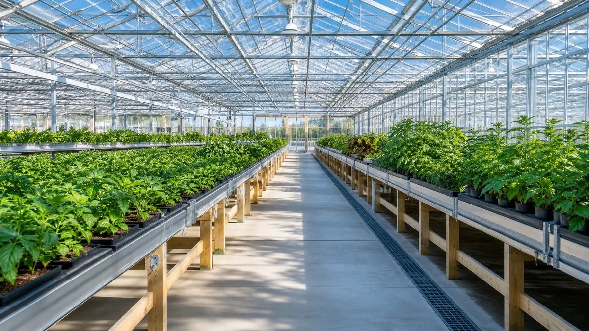 A gardener applying an organic neem oil spray to plants inside a greenhouse.