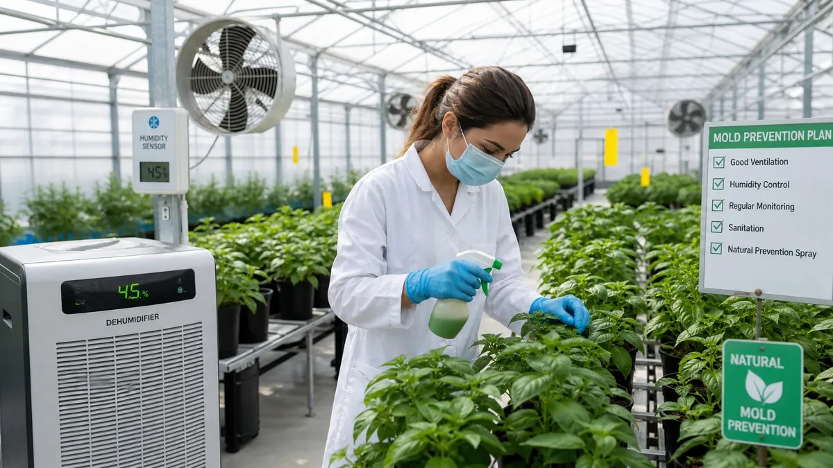 A greenhouse designed with high ceilings and automated ventilation systems to minimize mold risk.