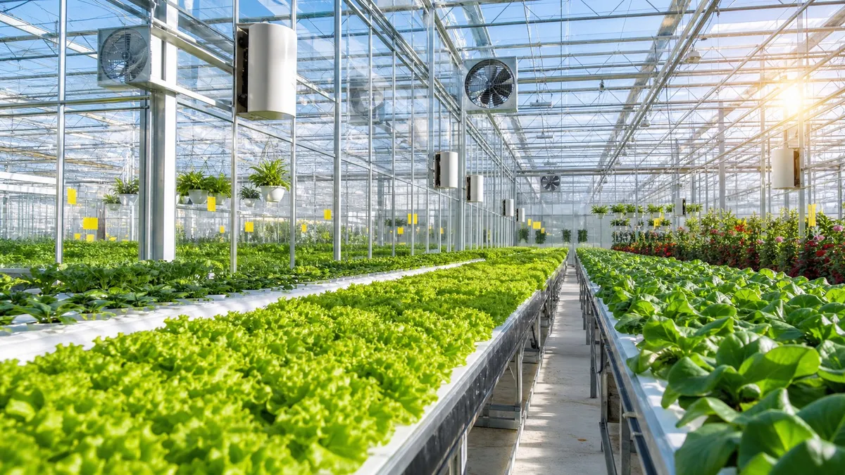A person inspecting healthy green leaves inside a greenhouse, showing no signs of mold.