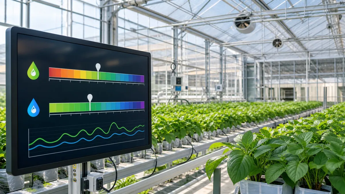 Interior of a greenhouse with healthy plants and a digital display showing colorful charts of pH and electrical conductivity levels.