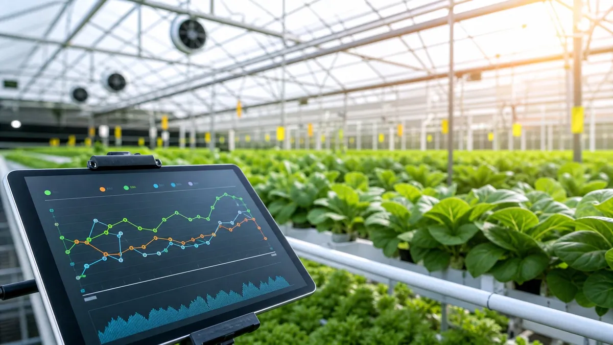 A digital chart showing pH and EC ranges for various greenhouse crops like lettuce, tomatoes, and herbs.