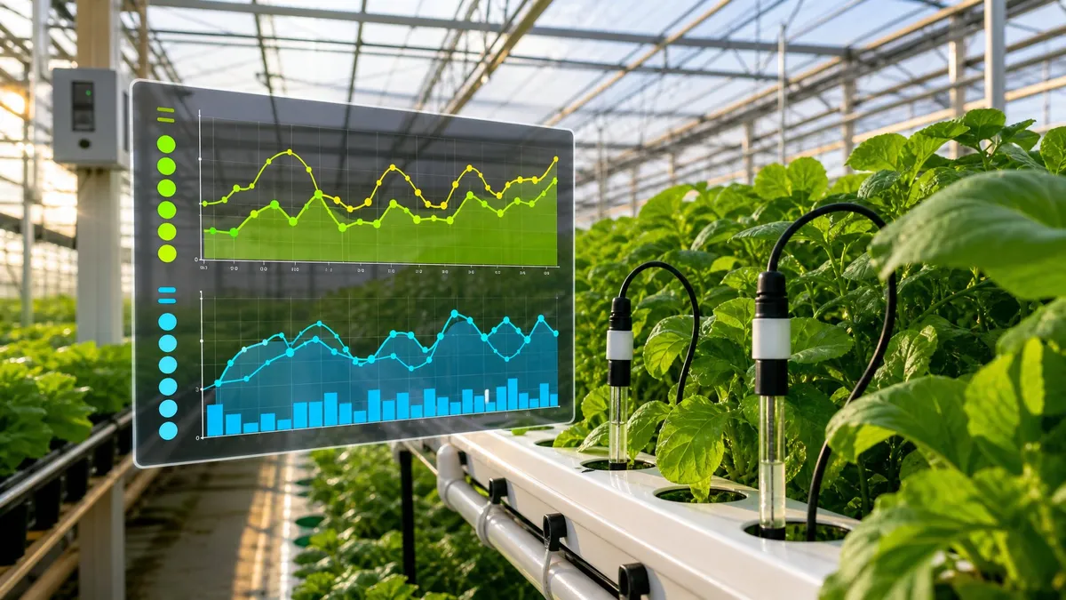 A gardener using a digital pH meter to test the nutrient solution inside a greenhouse.