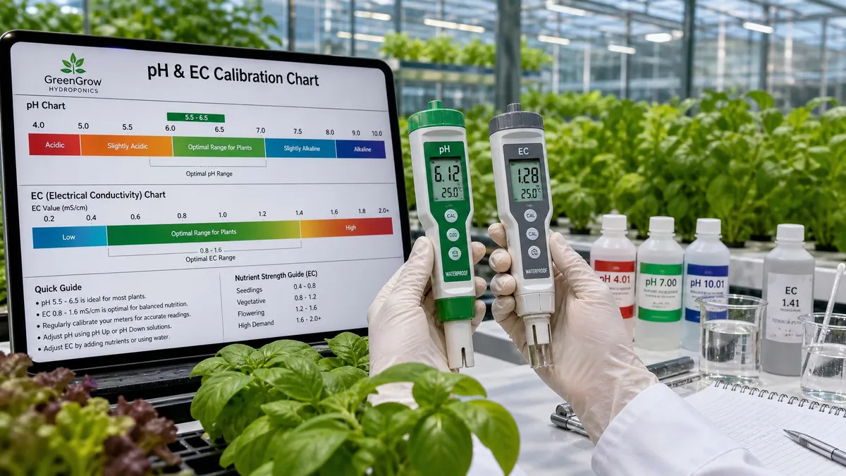 A close-up of a digital EC meter being placed into a nutrient solution tank inside a greenhouse.