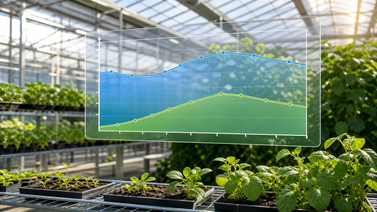 A gardener calibrating pH and EC meters using standard buffer solutions inside a clean greenhouse work area.