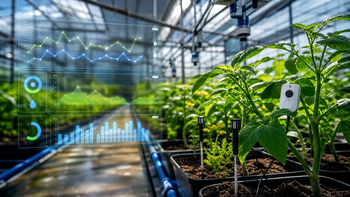 A person inspecting hydroponic plant roots and a digital display showing fluctuating pH levels.