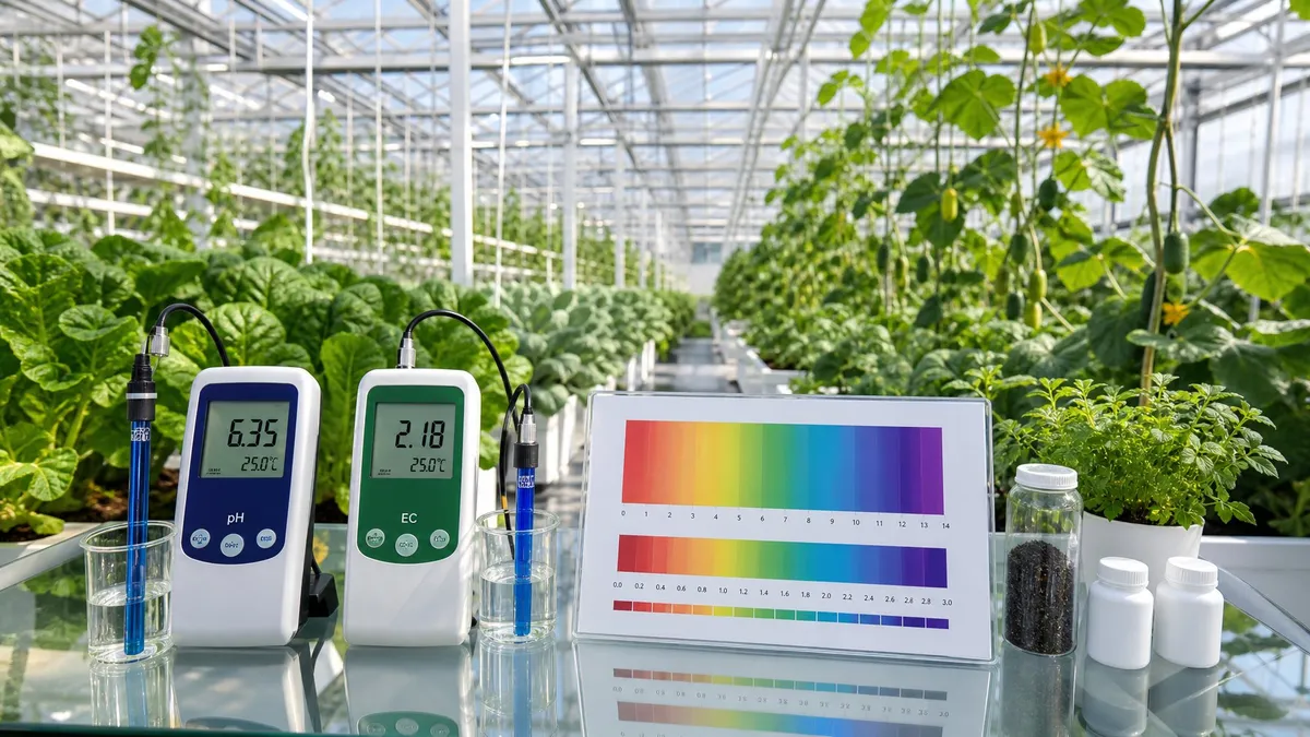 A gardener checking the digital display of a nutrient control system inside a modern greenhouse.