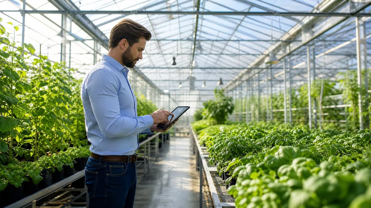 Person inside a greenhouse examining plants and using a digital tablet among rows of green plants.