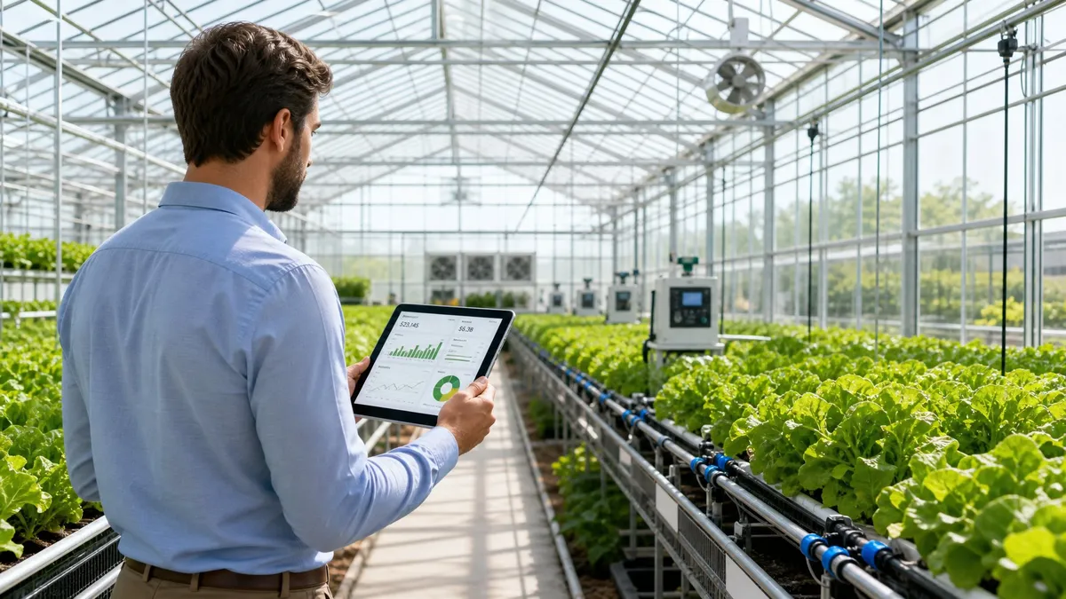 A person holding a tablet inside a greenhouse filled with healthy plants growing in rows under natural sunlight.