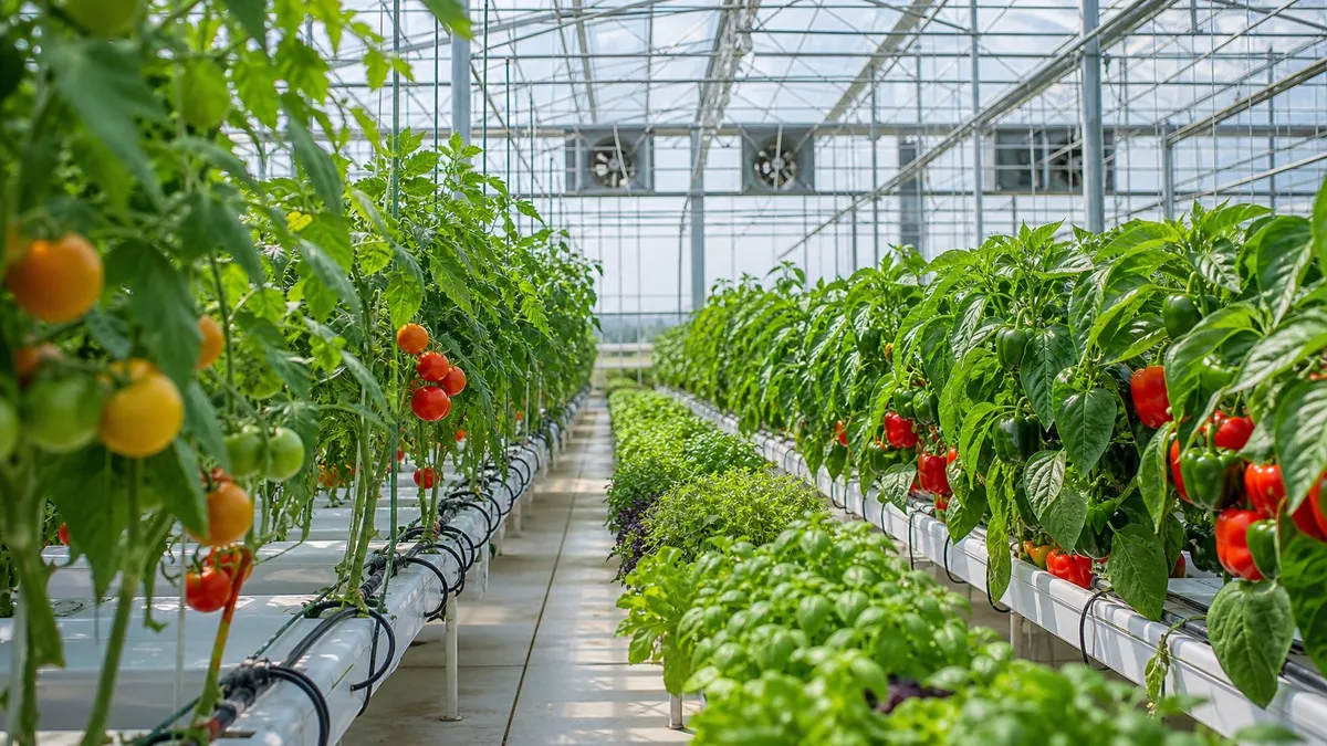 Interior of a modern greenhouse with rows of healthy green crops including tomatoes and peppers under natural sunlight.