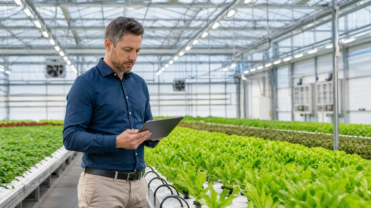 A person in a commercial greenhouse examining a tablet while surrounded by rows of healthy green plants and modern farming equipment.