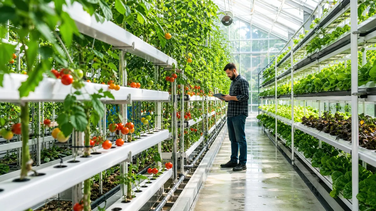 Interior of a modern greenhouse with rows of healthy plants and a worker inspecting them using a digital tablet.