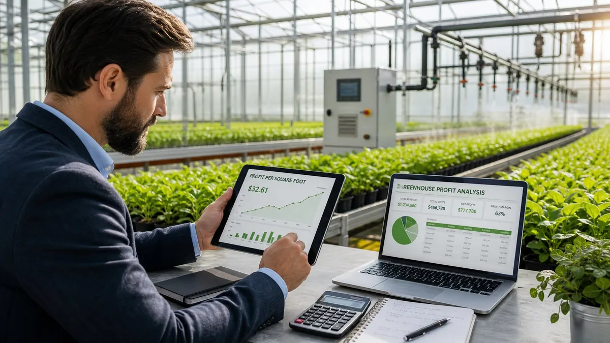 A person in a greenhouse examining plants and financial data on a tablet surrounded by equipment and plants.