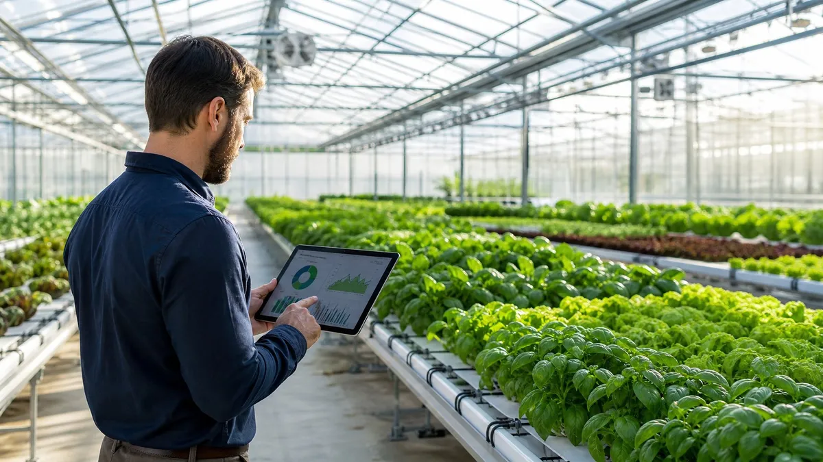 A person inside a greenhouse examining plants and holding a digital tablet surrounded by rows of healthy plants.