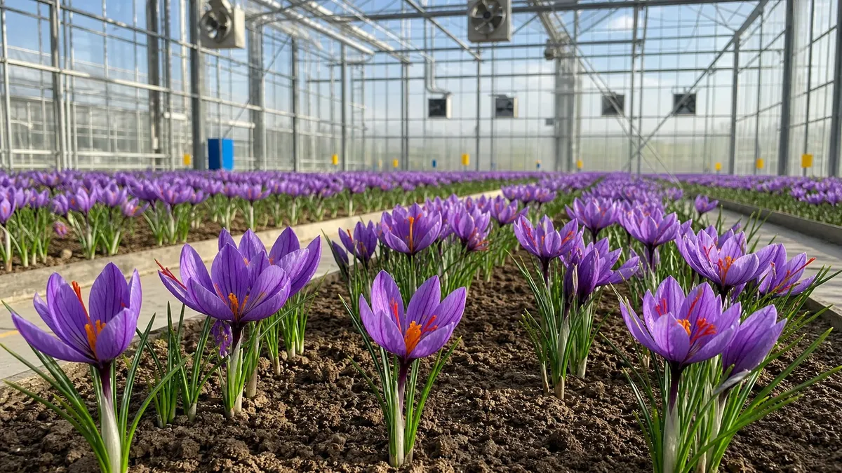 Rows of blooming saffron crocus plants growing inside a glass greenhouse with sunlight shining through.