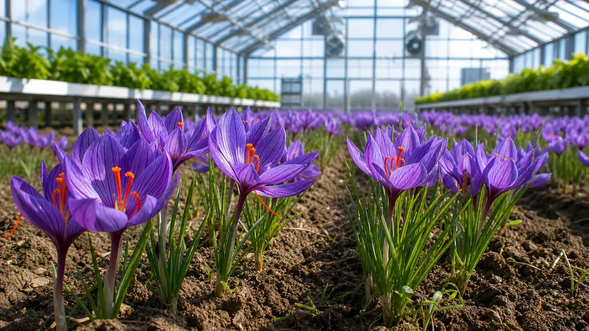 Inside a greenhouse with rows of blooming saffron crocus flowers growing in soil beds under natural sunlight.