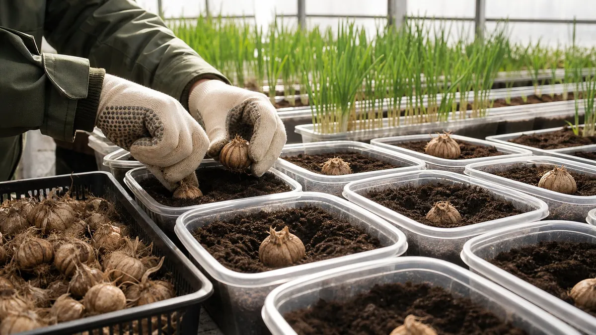 Hands placing saffron corms into containers filled with soil inside a greenhouse with young saffron plants growing in the background.