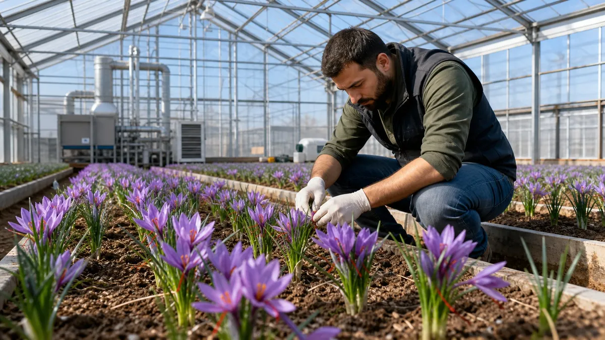 A greenhouse interior with rows of blooming saffron flowers and a gardener tending to the plants under natural sunlight.