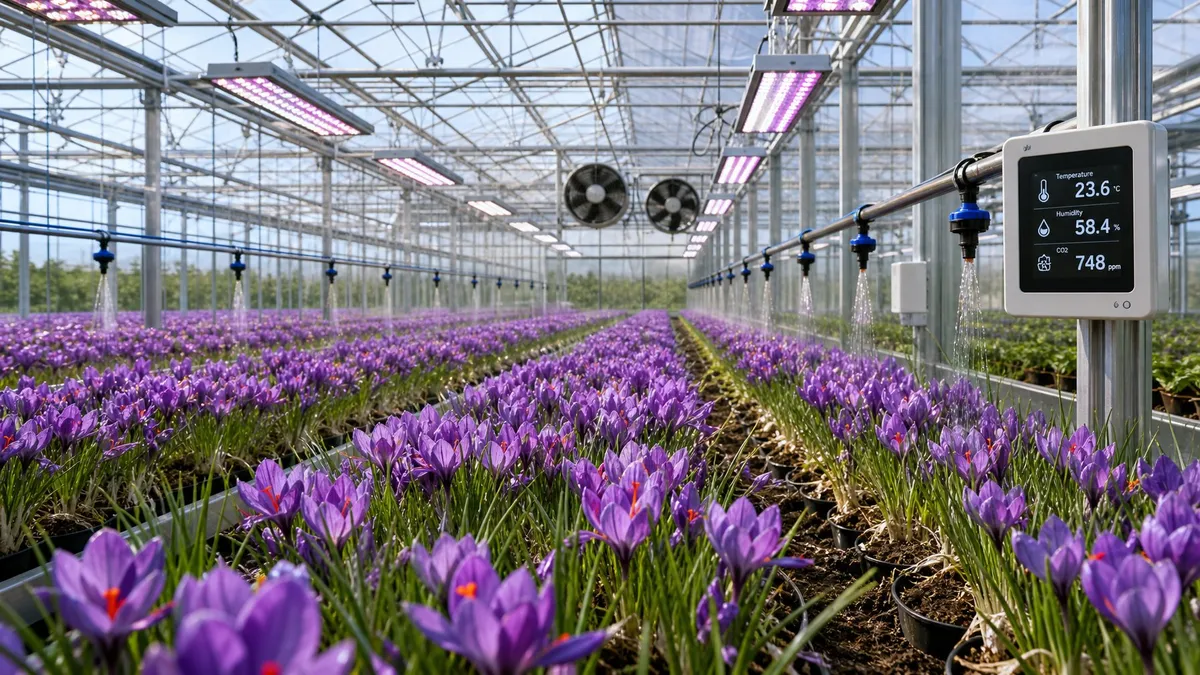 Rows of saffron plants with purple flowers growing inside a modern greenhouse equipped with lighting, irrigation, and ventilation systems.