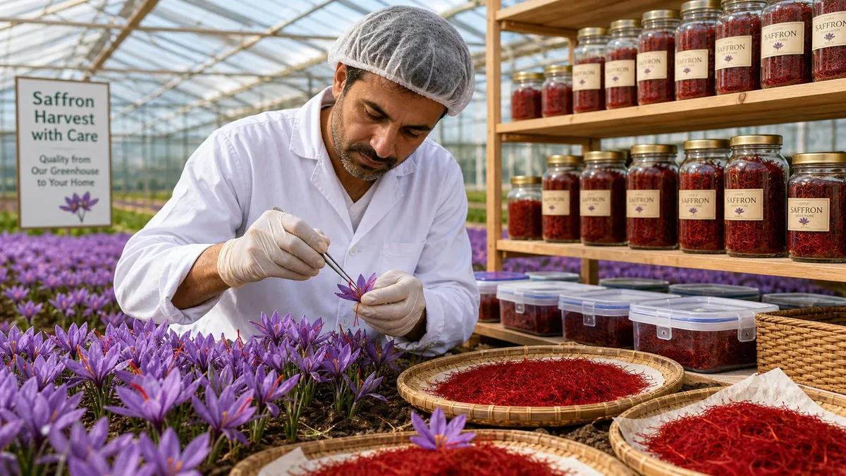A greenhouse with blooming saffron flowers, a farmer harvesting saffron threads, drying trays, and jars of stored saffron.