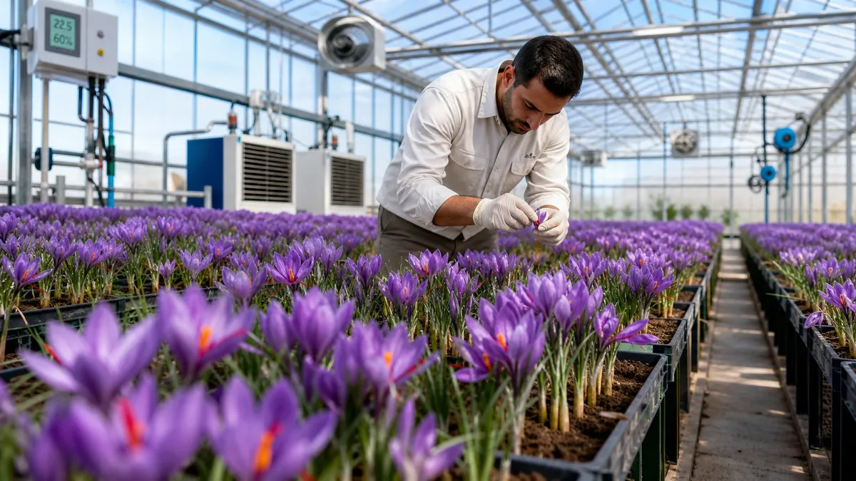 A greenhouse interior with rows of blooming saffron plants and a worker inspecting the flowers.