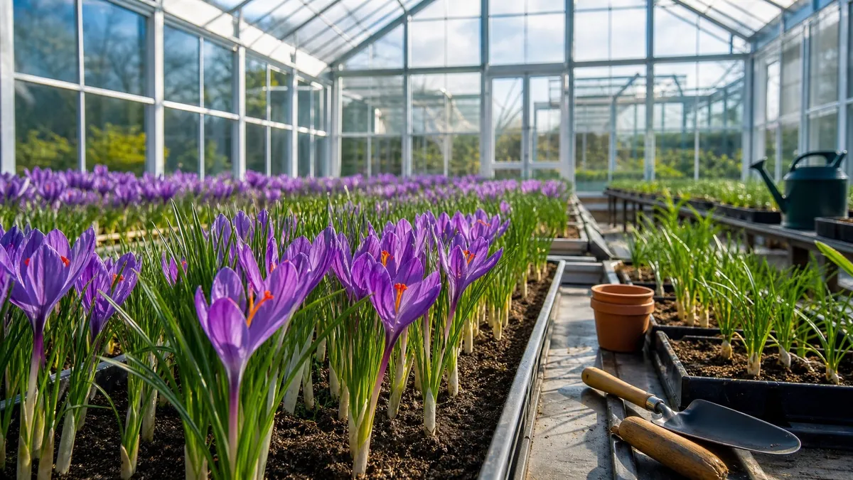 Rows of saffron crocus plants with purple flowers growing inside a glass greenhouse.
