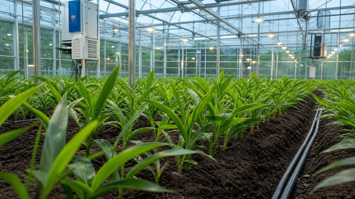 Young ginger plants growing in rows inside a bright greenhouse with glass walls and metal frames.