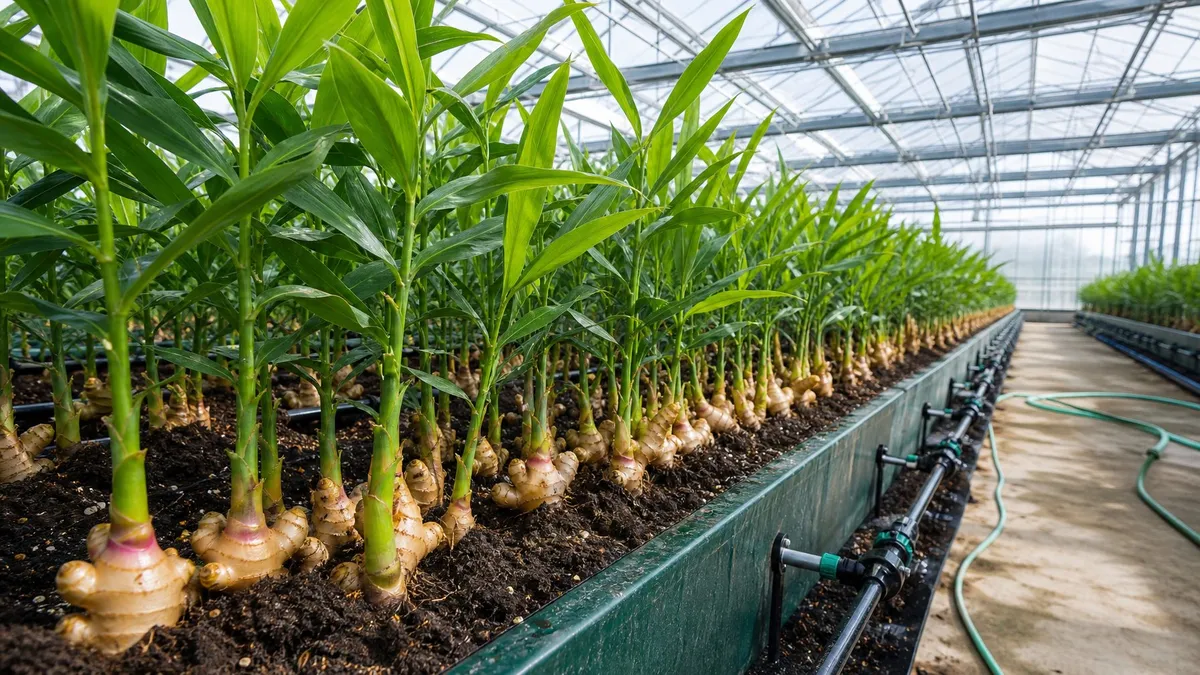 Inside a greenhouse with rows of ginger plants growing in soil beds under natural sunlight.