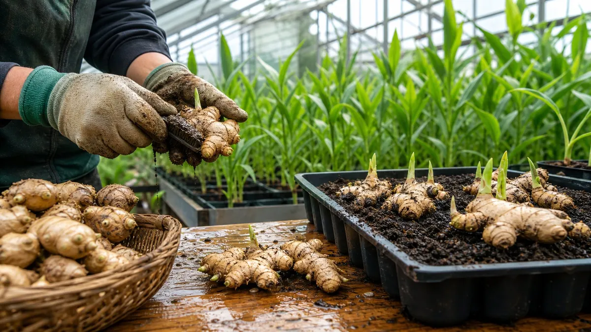 Hands preparing ginger rhizomes for planting inside a greenhouse.