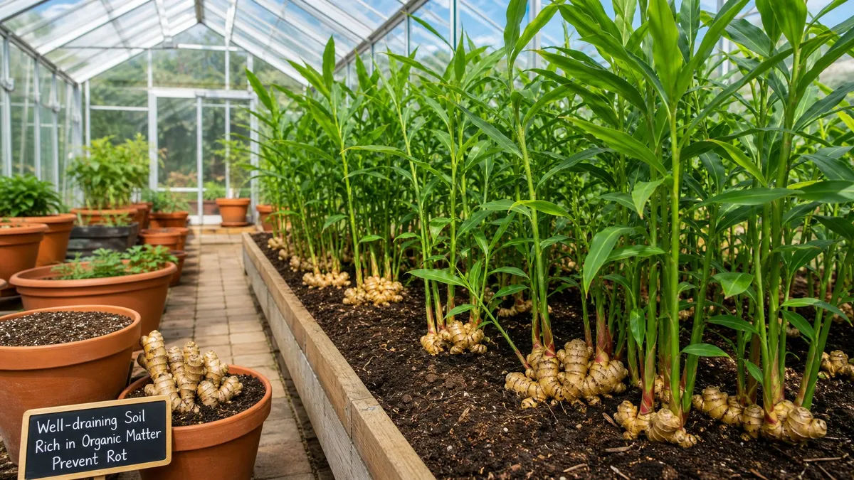 A gardener planting ginger rhizomes into a soil bed inside a greenhouse.