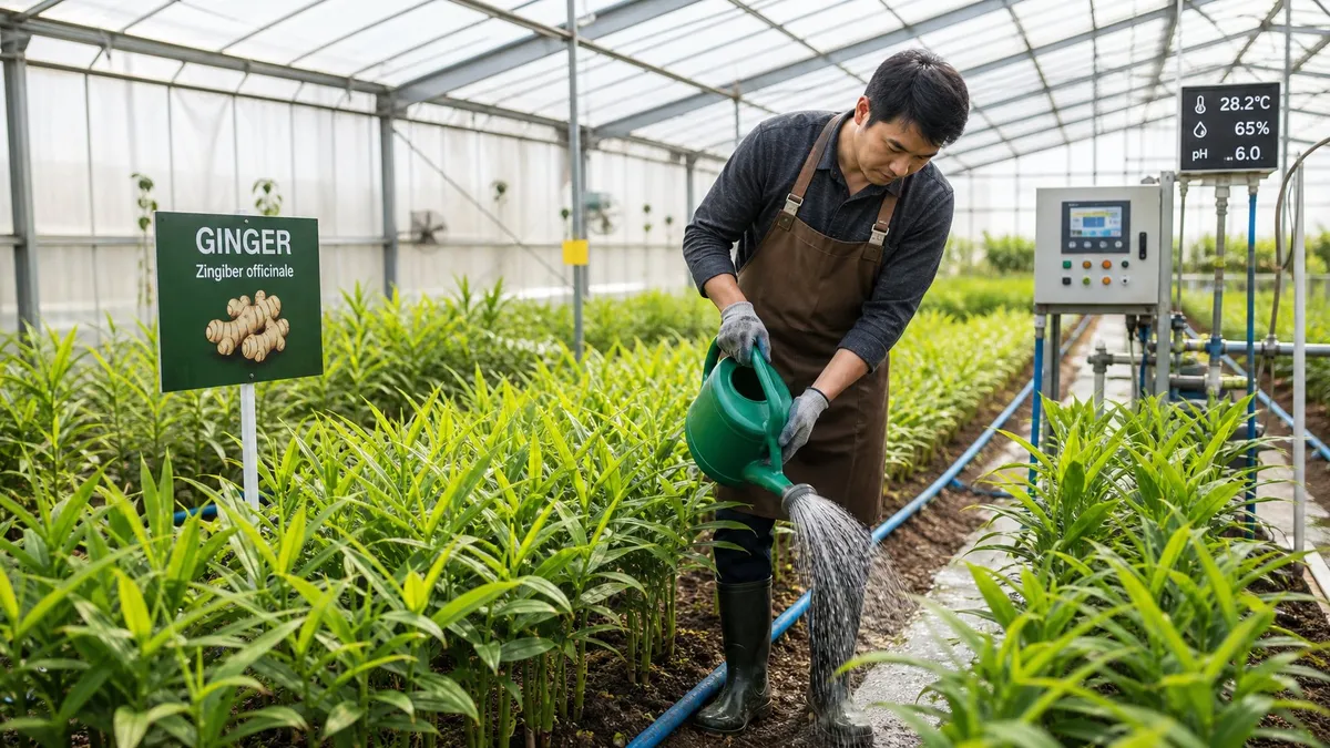 Rows of lush green ginger plants growing inside a modern greenhouse with irrigation and lighting systems.